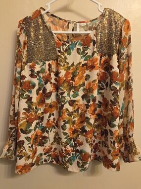 Cato Large Petite LP Floral Blouse Gold Sequin Shimmer Smocked Cuff Peasant Top